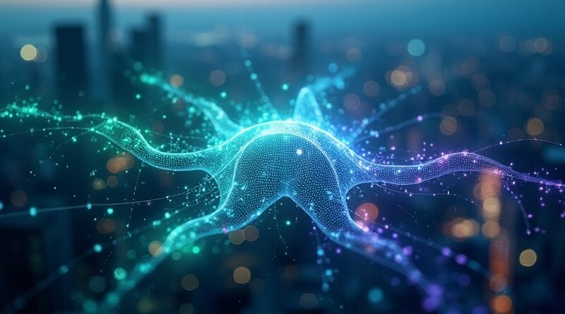 Abstrakcyjna, eteryczna reprezentacja Gemini Spark: autonomiczna, cyfrowa sieć energii nad futurystycznym miastem.