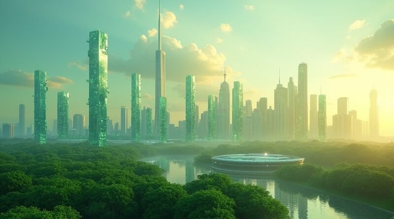 Futurystyczna wizja Toronto: data center, zieleń, teal i złoto, optymizm.