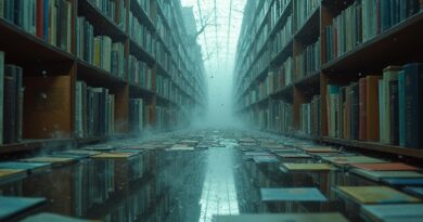 Zniekształcone lustro odbija surrealistyczną bibliotekę, symbolizując iluzję wiedzy i fragmentaryczny research AI.