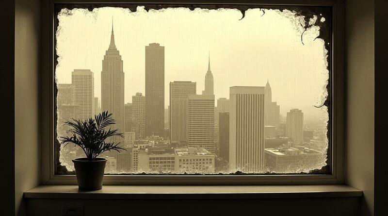 Sepia San Francisco przez rozbite okno biura. Deszcz, wieżowce z kodu, roślina.