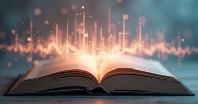Książka emitująca fale dźwiękowe przekształcające się w cyfrowy waveform, symbolizujące fuzję literatury i technologii.