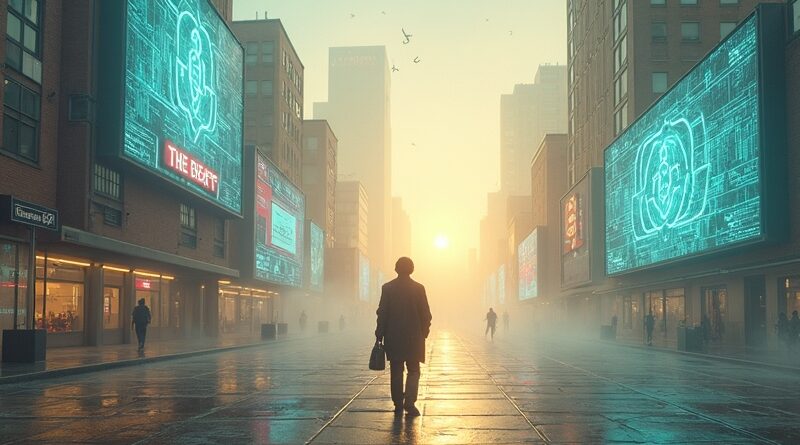 Abstrakcyjne miasto przyszłości, sieci AI zamiast reklam, artysta obserwujący cyfrowy świt.
