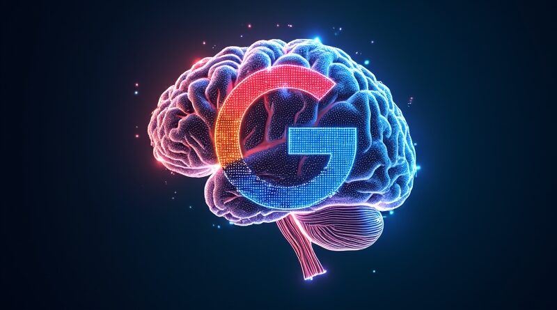Abstrakcyjny mózg cyfrowy tworzący logo Google "G". Neuralne ścieżki, futurystyczne kolory, ewolucja wyszukiwania AI.