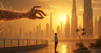 Futurystyczny Dubaj. Sieć AI łączy budynki rządowe. Złota ręka wręcza formularz obywatelowi.