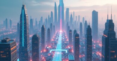 Futurystyczne miasto 3D symbolizuje integrację procesów AI w Leonardo AI.