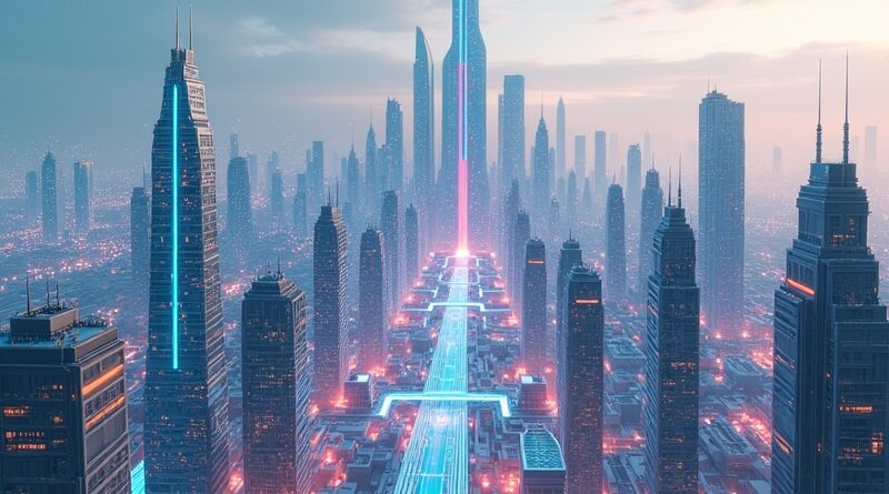 Futurystyczne miasto 3D symbolizuje integrację procesów AI w Leonardo AI.