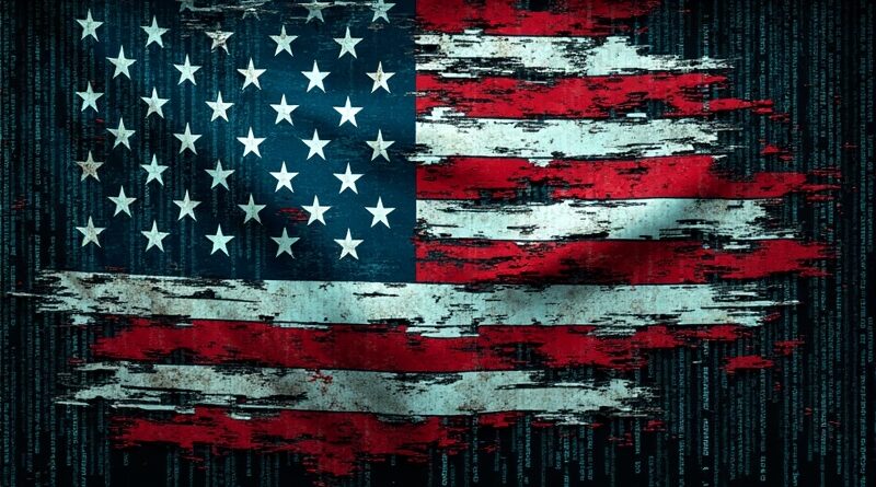 Rozpadająca się, zakłócona cyfrowo flaga USA z kodu, symbol technologicznej erozji narodowej tożsamości.