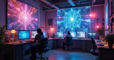 Cyfrowe atelier alchemiczne; ekrany, sieci neuronowe, neony. Innowacja, kreatywność, technologia i sztuka.
