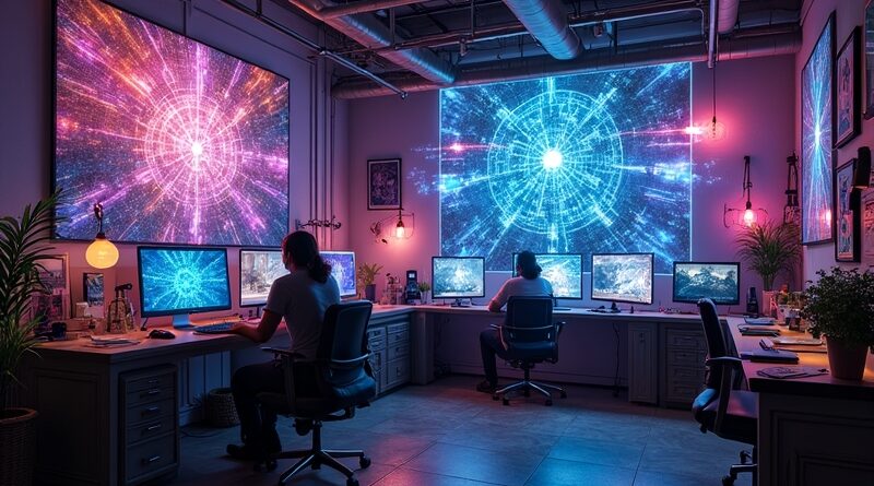 Cyfrowe atelier alchemiczne; ekrany, sieci neuronowe, neony. Innowacja, kreatywność, technologia i sztuka.