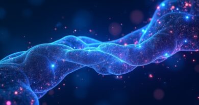 Abstrakcyjna sieć neuronowa spleciona z kodem blockchain, krypto symbole, odcienie fioletu i błękitu.