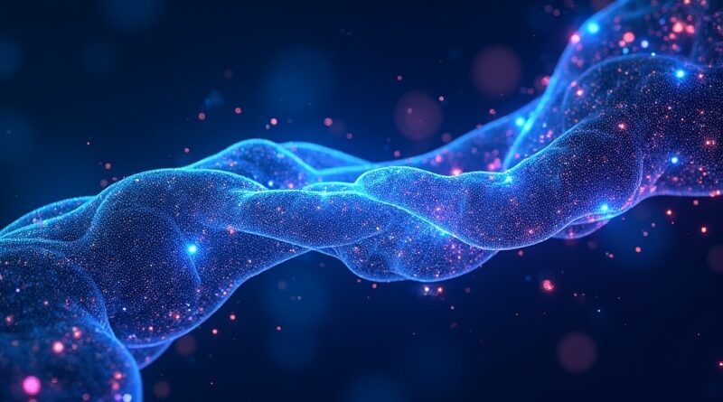 Abstrakcyjna sieć neuronowa spleciona z kodem blockchain, krypto symbole, odcienie fioletu i błękitu.