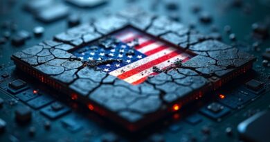 Pęknięta płytka krzemowa zniekształca flagę USA. Kryzys chipów, napięcie, cyfrowe artefakty.