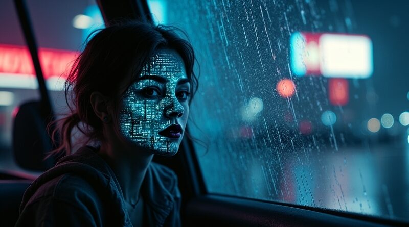 Zaglitchowana twarz AI z okienka drive-thru w deszczu, symbol kryzysu tożsamości.