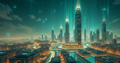 Futurystyczny Dhahran, siedziba Aramco, kwantowe obwody, optymizm, połączenie Art Deco i Cyberpunku.