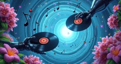 Wir nut muzycznych transformuje się w robotyczne ramiona z winylami. Bujna, futurystyczna harmonia.