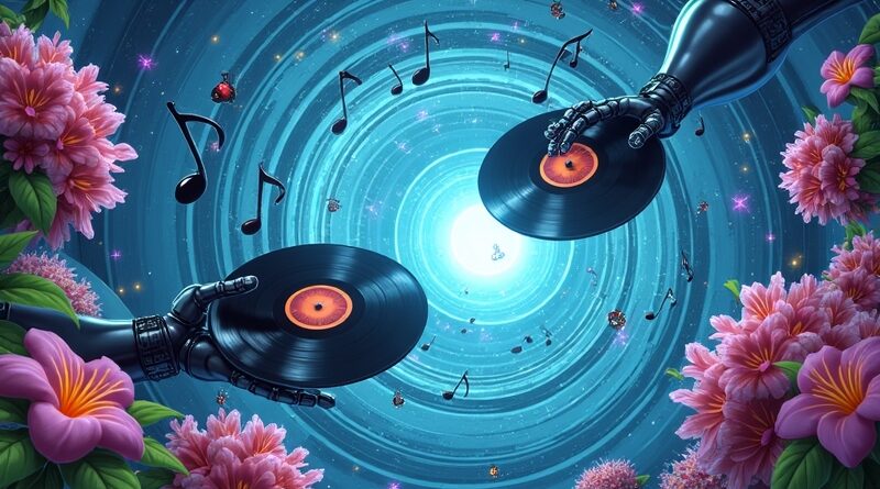 Wir nut muzycznych transformuje się w robotyczne ramiona z winylami. Bujna, futurystyczna harmonia.