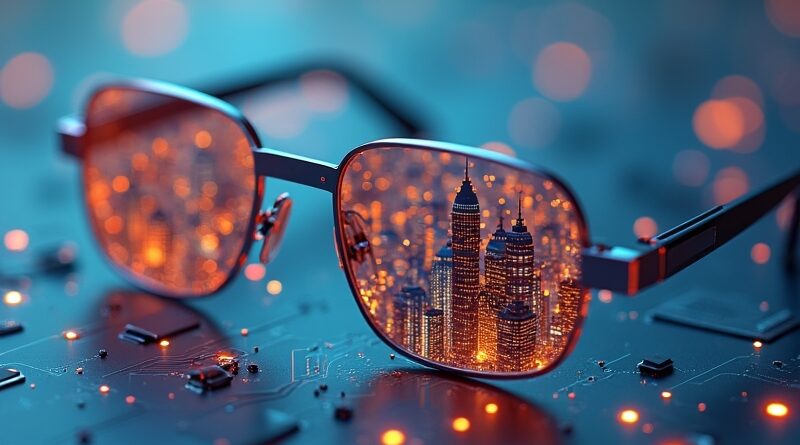 Futurystyczne okulary AI odbijają skomplikowaną metropolię obwodów drukowanych. Soczewki cienkie, eleganckie, niebiesko-pomarańczowe.