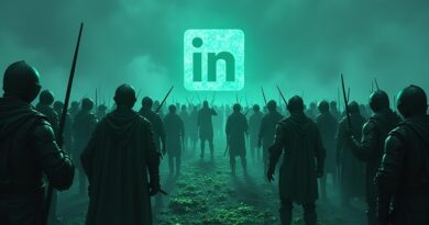 Rycerze walczą z robotami na cyfrowym polu bitwy, w tle logo LinkedIn.