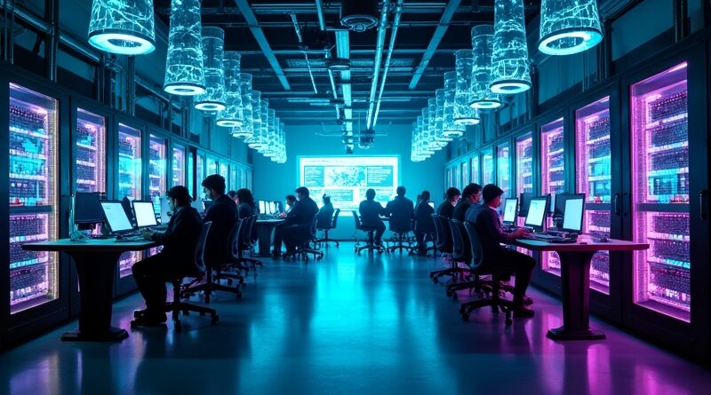 Futurystyczne laboratorium AI w Dubaju, studenci pracują nad holograficznymi projektami.