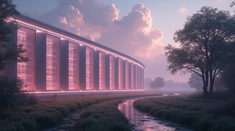 Futurystyczna farma serwerów utopiona we francuskiej wsi, z pastelową poświatą, symbol energii.