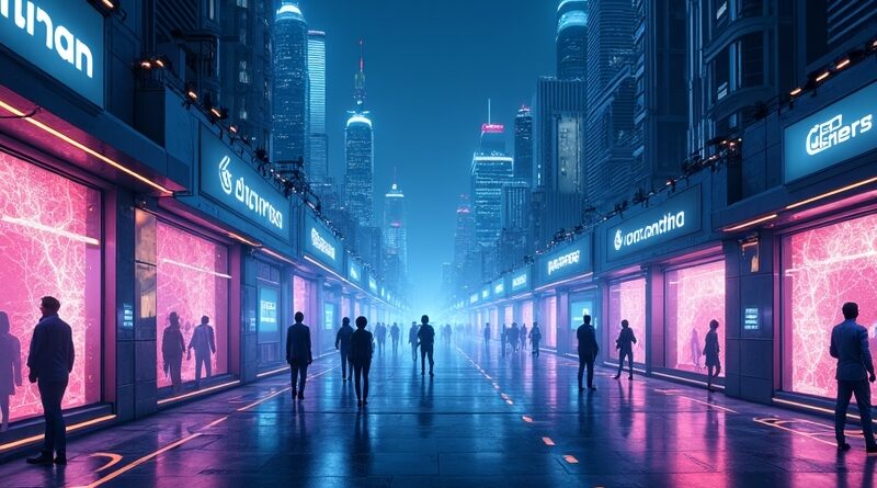 Abstrakcyjna, futurystyczna metropolia nocą. Agenci AI kupują w wirtualnych sklepach, neonowe światła, strumienie danych.