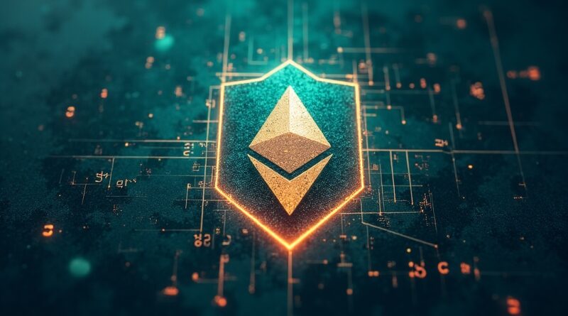 Abstrakcyjna tarcza chroni symbol Ethereum przed cyfrowymi zagrożeniami, błyszczą równania.