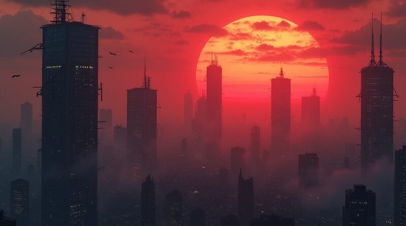 Dystopijny krajobraz miasta przyszłości, serwery AI na tle zachodu słońca, spadające postacie.