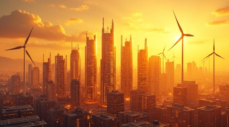 Futurystyczna metropolia ZEA. Złote drapacze chmur, energia wiatrowa, AI. Optymistyczna wizja.