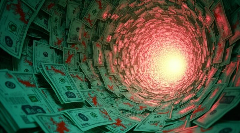 Abstrakcyjny wir finansowy pochłaniany przez serwery AI, symbolizujący przepalanie kapitału przez sztuczną inteligencję.