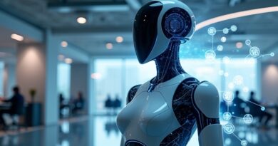 Robot-agent Vibe Mistral AI w cyfrowym biurze, zarządza zadaniami. Futurystyczny styl, chłodne kolory.