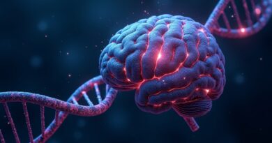 Abstrakcyjna wizja mózgu z DNA, symbolizująca AI analizujące mutacje nowotworowe.