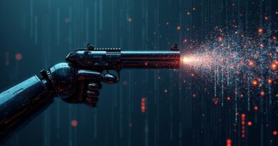 Cybernetyczne ramię konstruuje broń z kodu. Dwoistość tworzenia i destrukcji. Cyberbezpieczeństwo.