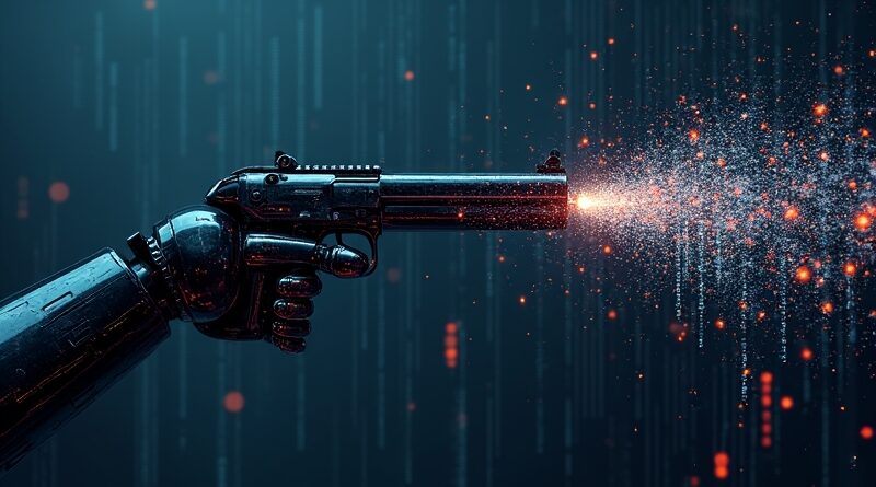 Cybernetyczne ramię konstruuje broń z kodu. Dwoistość tworzenia i destrukcji. Cyberbezpieczeństwo.
