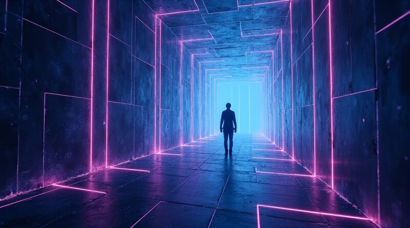 Abstrakcyjny labirynt z neonowych linii, postać sięga do przodu. Mroczna, cyfrowa atmosfera w odcieniach fioletu i niebieskiego.