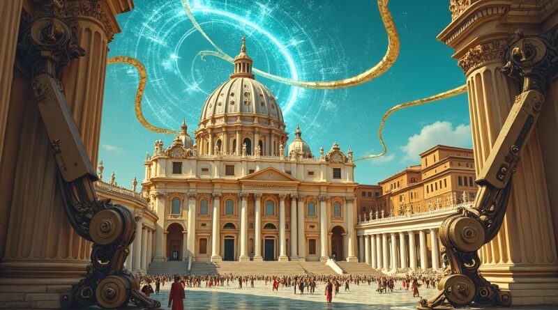Futurystyczny Watykan. Robotyczne ramiona z Bazyliki św. Piotra. Cyberpunkowe obwody i złoto.