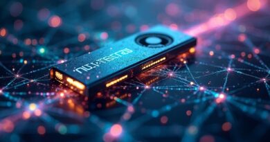 Abstrakcyjna sieć danych, GPU NVIDIA, wizualizacja SANA-WM generującego wideo, futurystyczne i zaawansowane technologie.