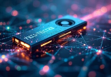 Abstrakcyjna sieć danych, GPU NVIDIA, wizualizacja SANA-WM generującego wideo, futurystyczne i zaawansowane technologie.