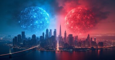 Futurystyczny San Francisco z ekranami AI i dominującymi, konkurującymi bytami: czerwonym i niebieskim.