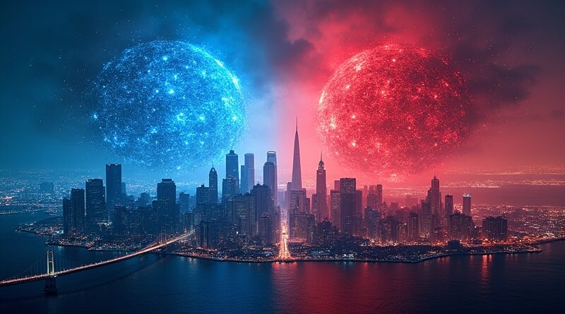Futurystyczny San Francisco z ekranami AI i dominującymi, konkurującymi bytami: czerwonym i niebieskim.