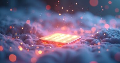 Abstrakcyjna sieć kodu łączy śpiący laptop z aktywnym smartfonem, symbolizując przełom AI.