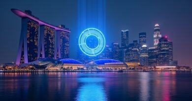 Futurystyczny Singapur nocą, neonowy blask, hologram OpenAI, cyberpunkowy azjatycki przyczółek.