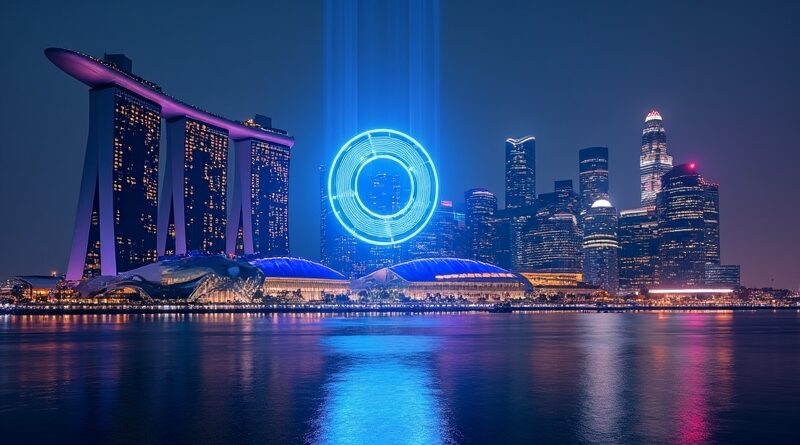 Futurystyczny Singapur nocą, neonowy blask, hologram OpenAI, cyberpunkowy azjatycki przyczółek.