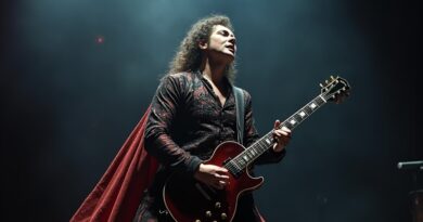 Operowa śpiewaczka transformuje się w gitarzystę metalowego na scenie; fuzja stylów.