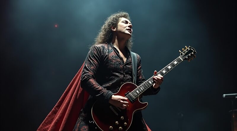 Operowa śpiewaczka transformuje się w gitarzystę metalowego na scenie; fuzja stylów.
