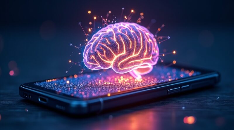 Abstrakcyjny, świecący mózg AI w smartfonie symbolizuje lokalne przetwarzanie danych przez X-OmniClaw.