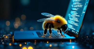 Stylizowany, świecący trzmiel bada obwody laptopa z kodem. Mroczny błękit i jaskrawa żółć.