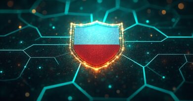 Abstrakcyjna sieć neuronowa jako tarcza nad flagą Polski. Symbol AI Act, przyszłości i bezpieczeństwa.