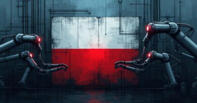 Duszna fabryka, polska flaga, robotyczne ramię. Stagnacja automatyzacji w cieniu demografii.