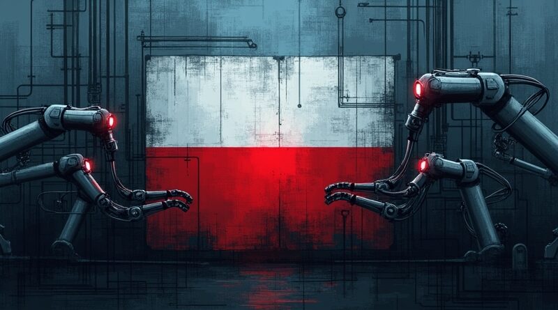 Duszna fabryka, polska flaga, robotyczne ramię. Stagnacja automatyzacji w cieniu demografii.