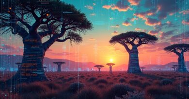 Afrofuturystyczny krajobraz RPA: Baobaby-serwery pod zmierzchem, AI splata się z naturą.